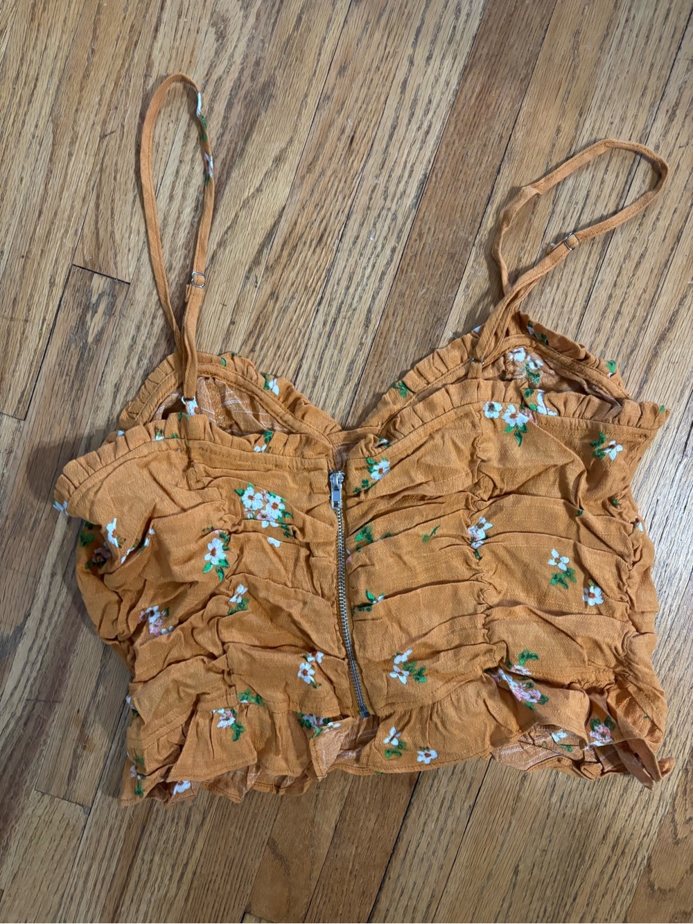 Astra the Label Orange Floral Ruffle Crop Top with Zipper